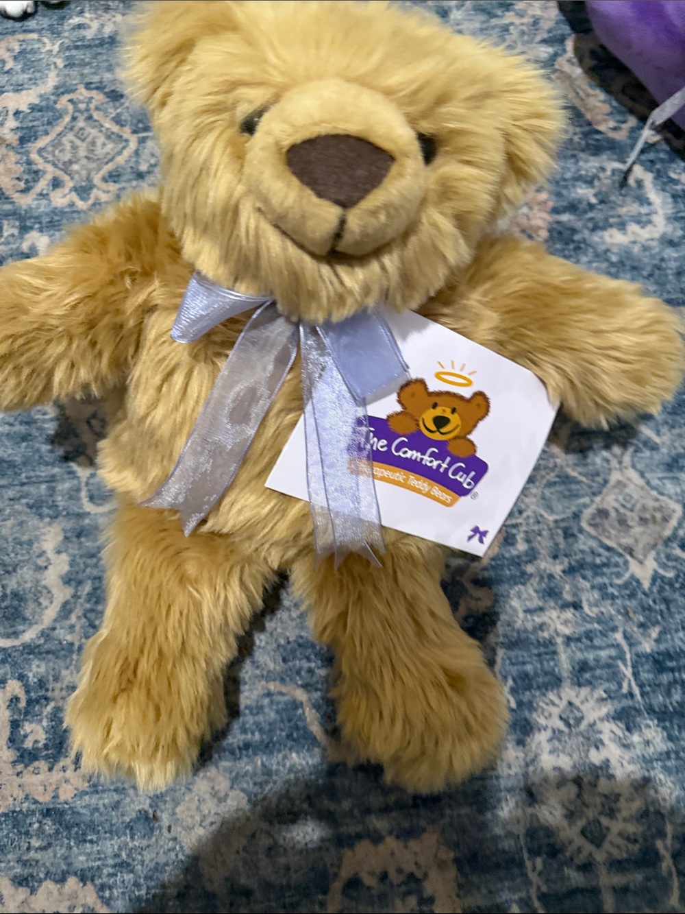 Comfort Cub Plush Teddy Bear - Soft Golden Brown with Silver Bow